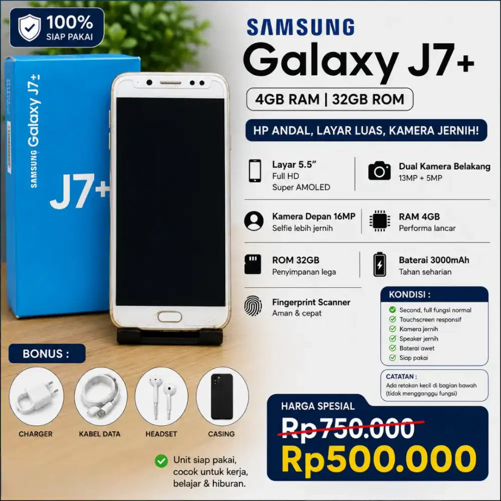 Hp Second Murah Samsung J7+ Kondisi Siap Pakai, Harga Diskon Bagus
