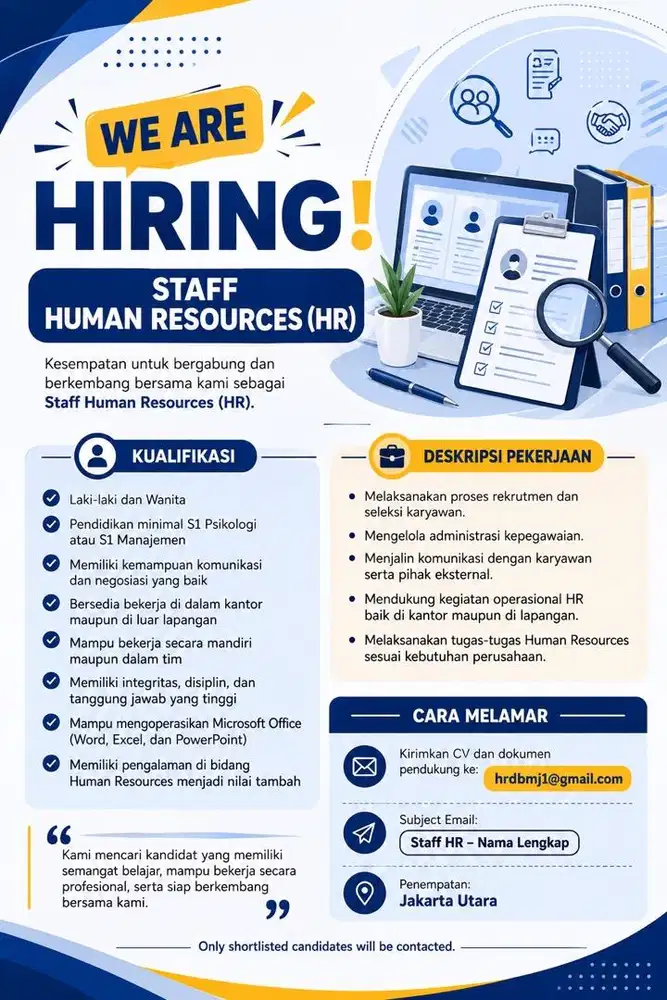Lowongan kerja urgent staf HRD