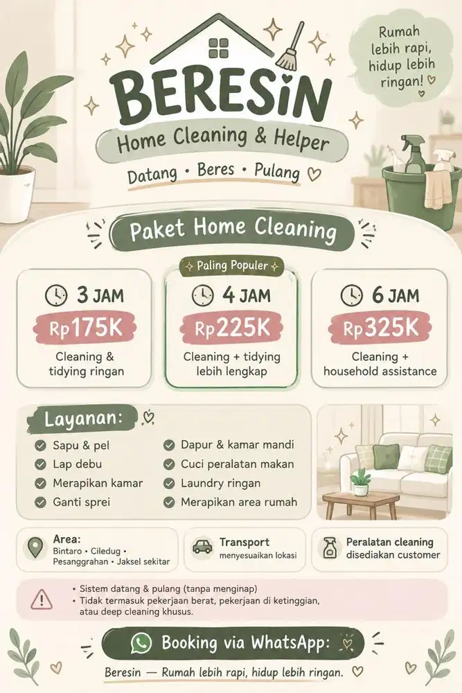 Jasa Cleaning Rumah Bintaro Ciledug | 3–6 Jam | Datang & Pulang