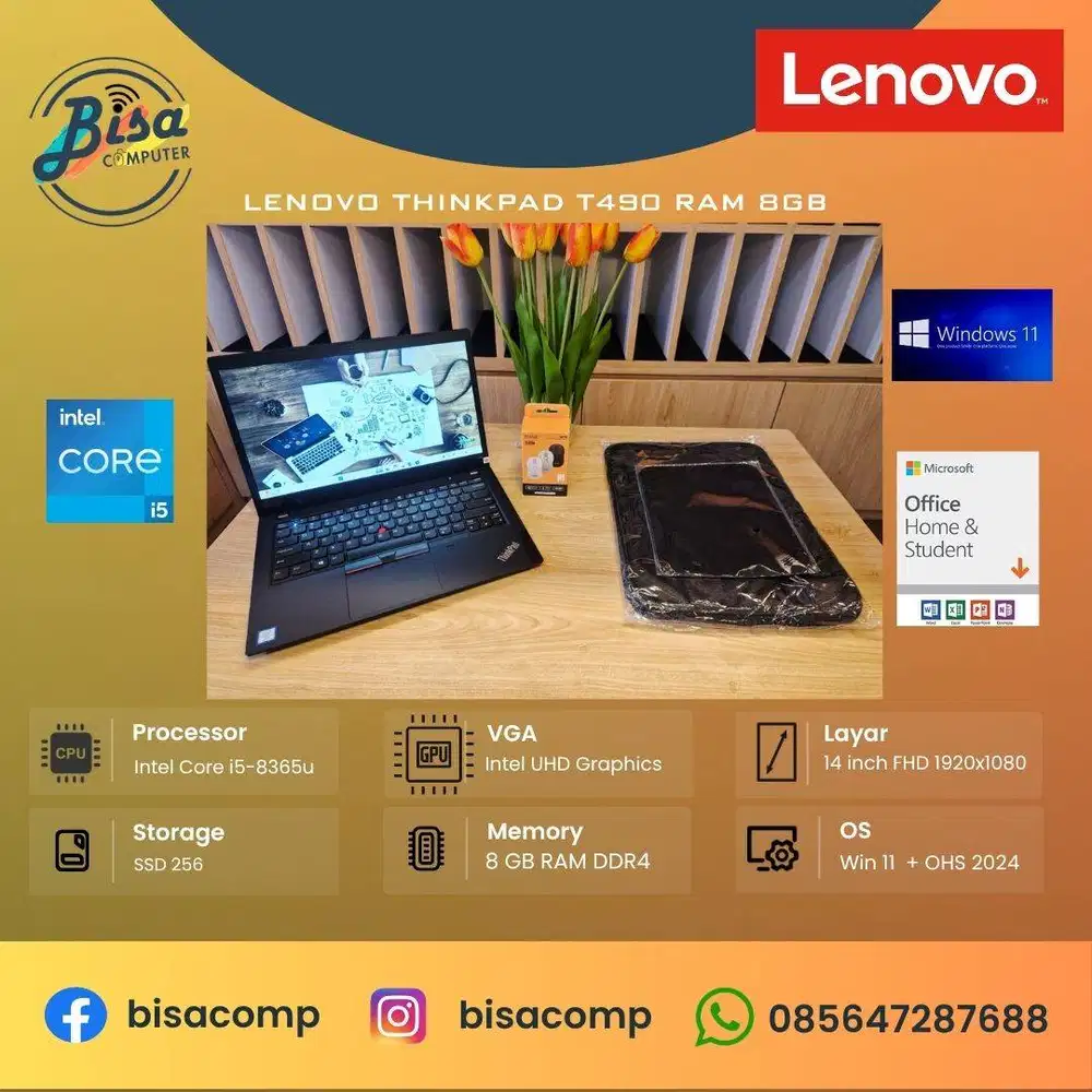 lenovo thinkpad T490 Intel core i5-8365u ssd 256gb ram 8gb