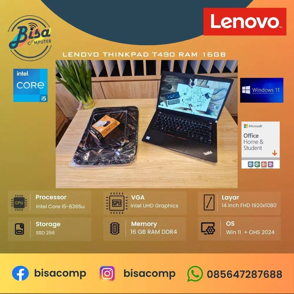 Lenovo thinkpad T490 Intel Core i5-8365u ssd 256gb ram 16gb