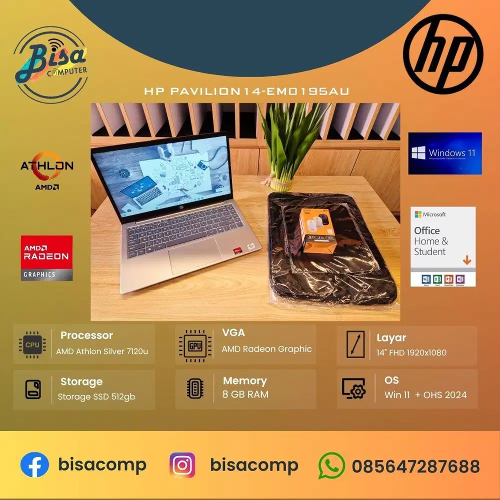 HP Pavilion 14-EM0195AU AMD Athlon silver 7120u ssd 512gb ram 8gb