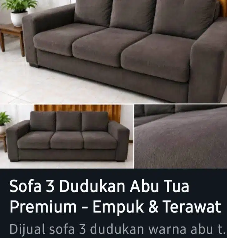 Sofa 3 seat bahan beludru warna abu