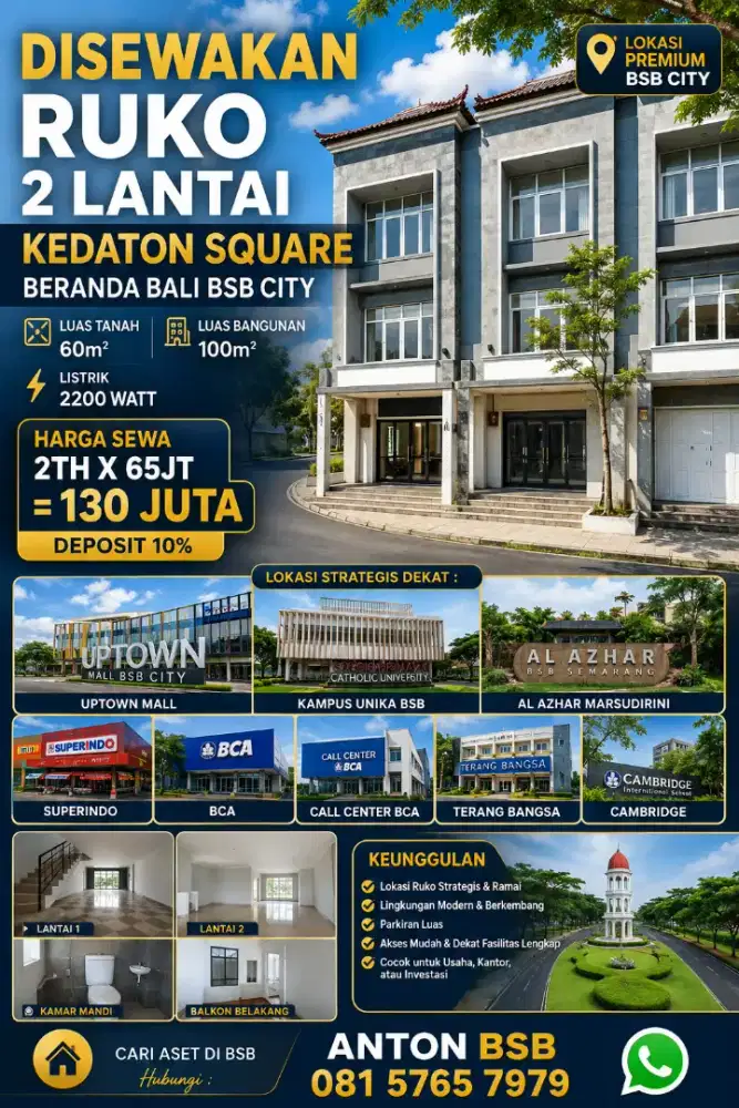 Sewa ruko 2LT KEDATON BERANDA BALI bsb city terang bangsa uptown mall