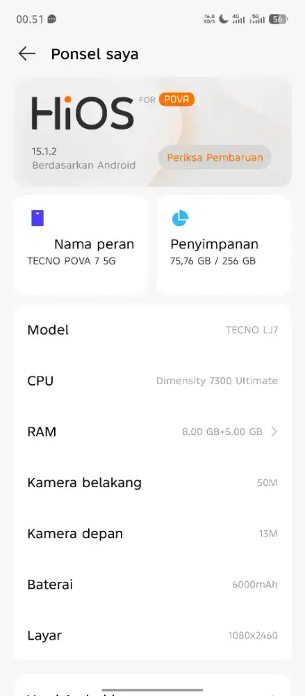 Tecno pova 7 5G 8+8/256 fullset nominus, casan ga ori
