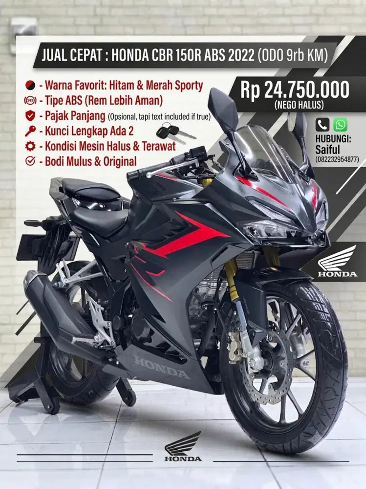 Odo 9rb Istimewa!!Honda CBR 150R ABS 2022 Black Plat AG Mulus-Mustika