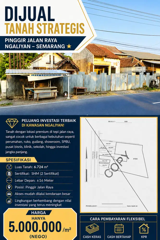 TANAH NGALIYAN PINGGIR JALAN 6724m LUAS UNTUNG CEPAT SEGERA