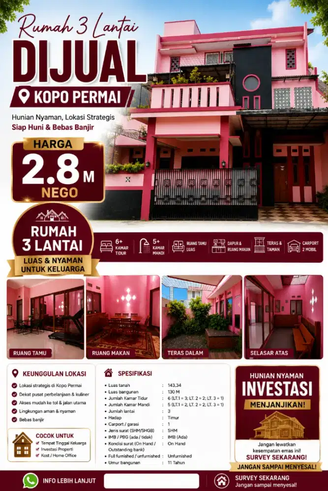 Dijual Rumah 3 Lantai dekat Miko Mall Kopo Bandung