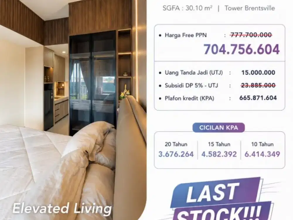 Vida View Apartemen  Siap Huni Full Furnished & Eletronik  Tower Brentsville Luas 30.10M² DP 0%  Bebas PPN Free Biaya KPA Subsidi Biaya Akad 5 JT Rp.
