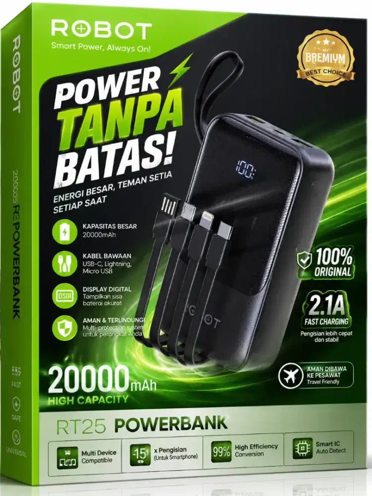 POWERBANK ROBOT RT25 20.000mAh ORIGINAL + KABEL 3IN1 | MULUS