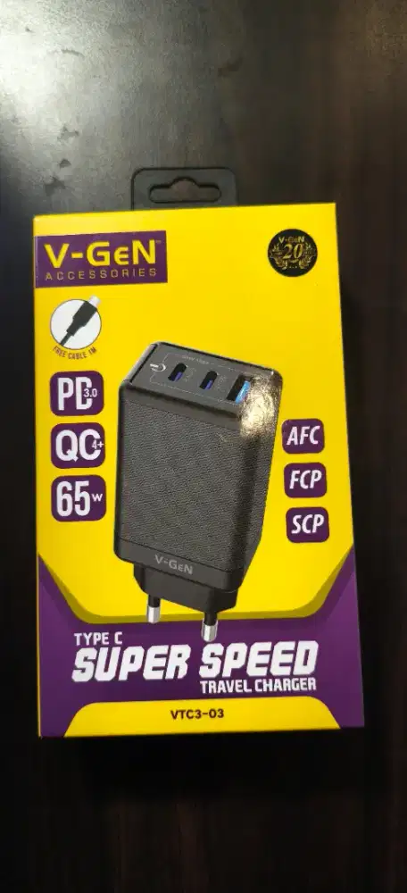 Adaptor Travel Charger V-GeN VTC3-03 Fast Charging 2 PD QC4 Type C 65W