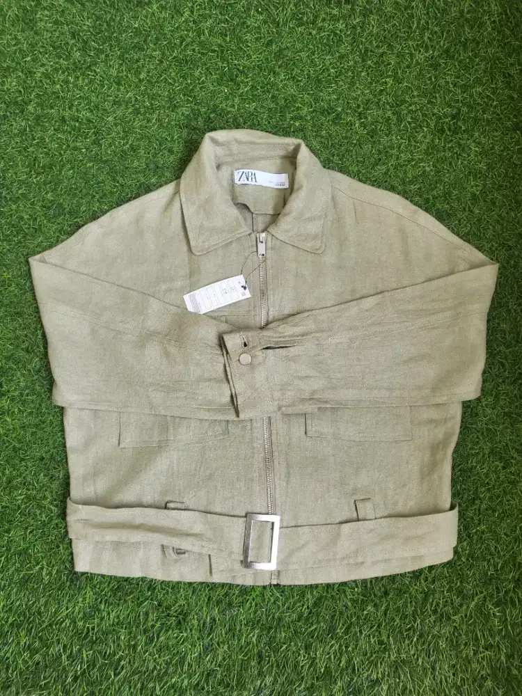 ZARA Linen Cropped Jacket Khaki Sage Size S Oversized Fit Original