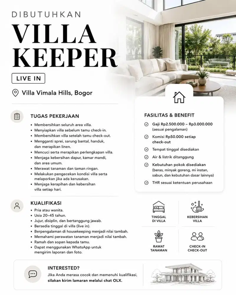 Dibutuhkan Penjaga Villa / Villa Keeper