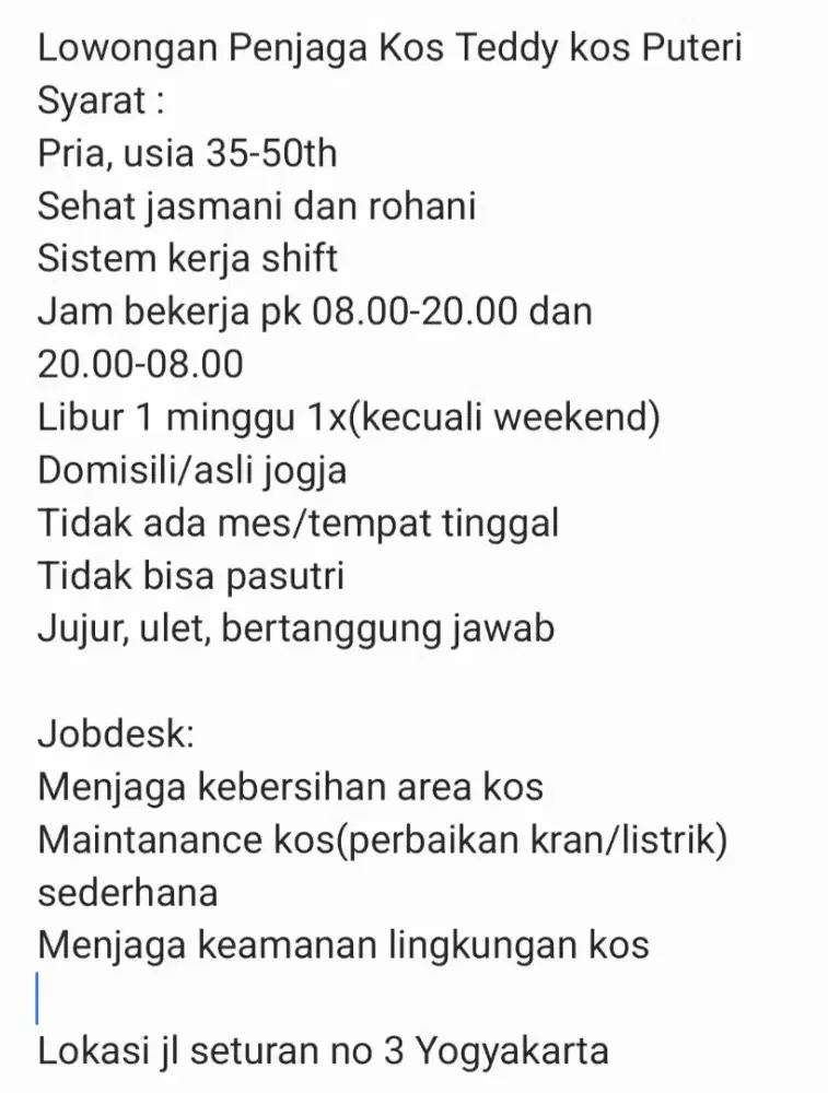 Lowongan Penjaga kos puteri