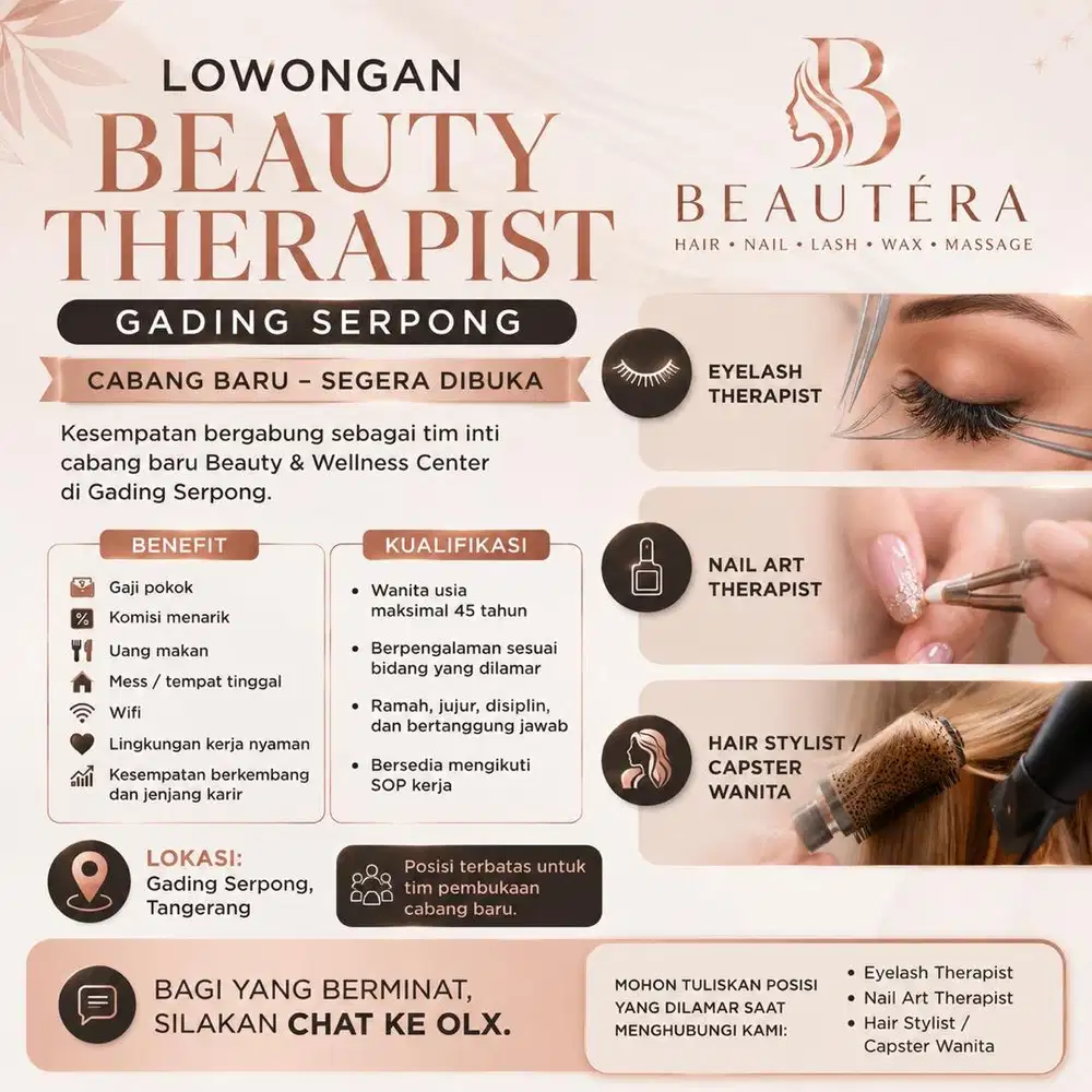 LOWONGAN EYELASH THERAPIST, NAIL ART & HAIR STYLIST – GADING SERPONG