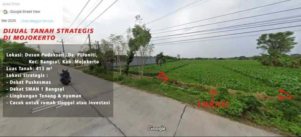 DIJUAL TANAH STRATEGIS 413 m² SHM – PULONITI BANGSAL MOJOKERTO