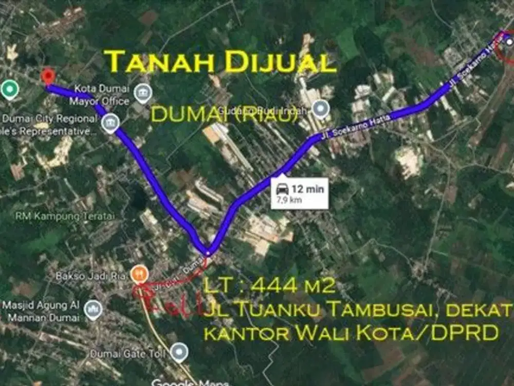 Tanah kosong  berlokasi di Jln Tuanku Tambusai seluas 440 M2 , dekat kantor Walikota , DPRD, exit toll Pekan Baru - Dumai  dan bandara Pinang Kampai