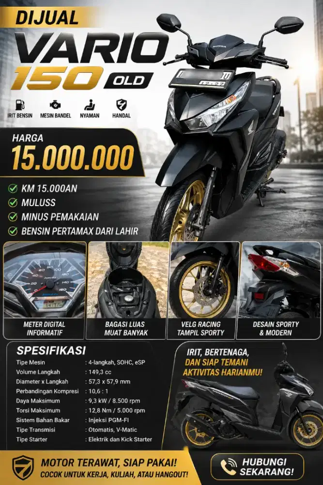 Dijual Vario 150 Old, barang istimewa KM rendah asli, Tahun 2017