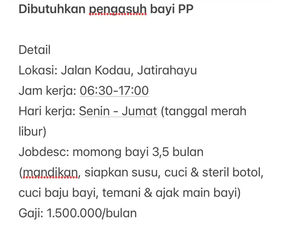 Dibutuhkan pengasuh bayi PP