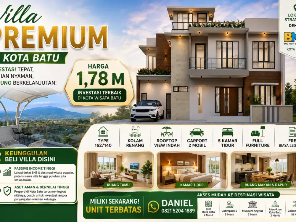 Villa Modern 2 Lantai Dekat BNS Batu | 5 Kamar, Kolam Renang & Rooftop View Gunung