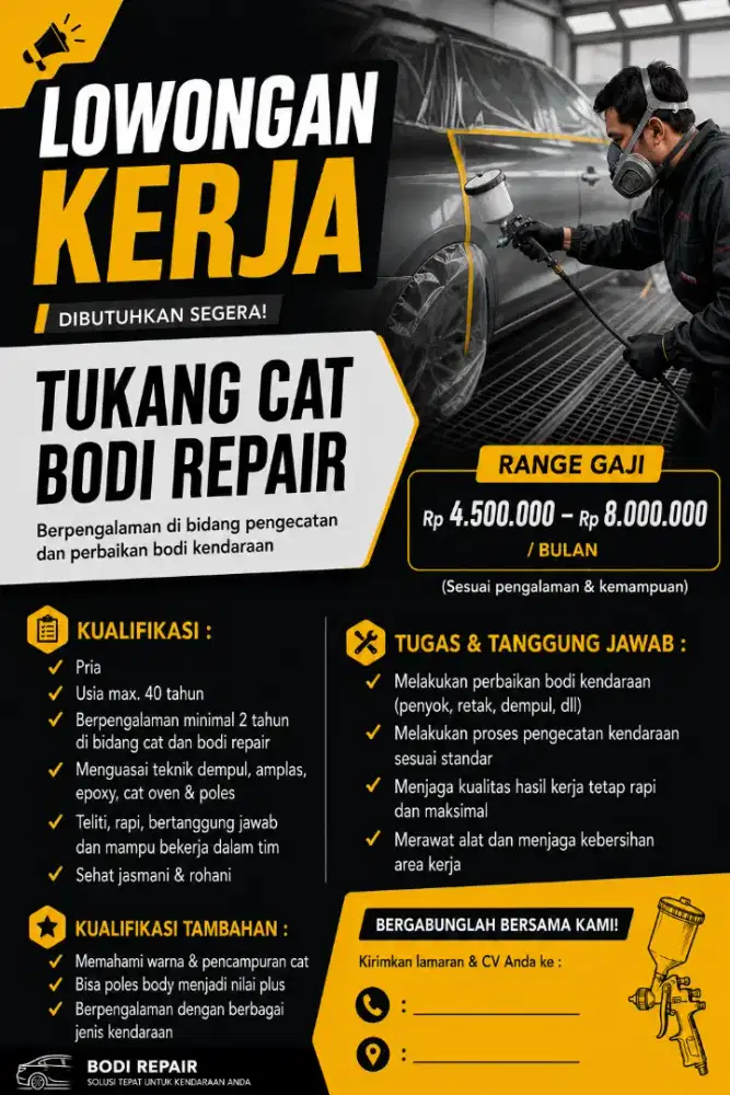 Dibutuhkan segera tukang cat bodi repair