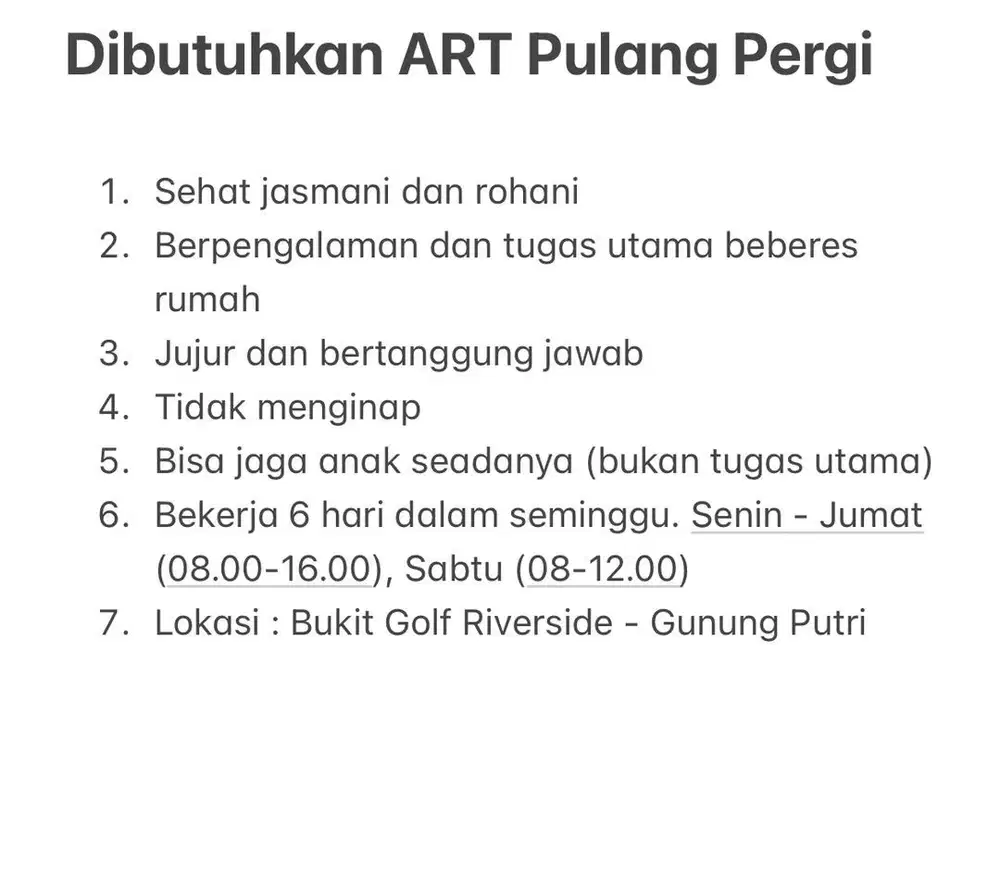 Dibutuhkan ART Pulang Pergi