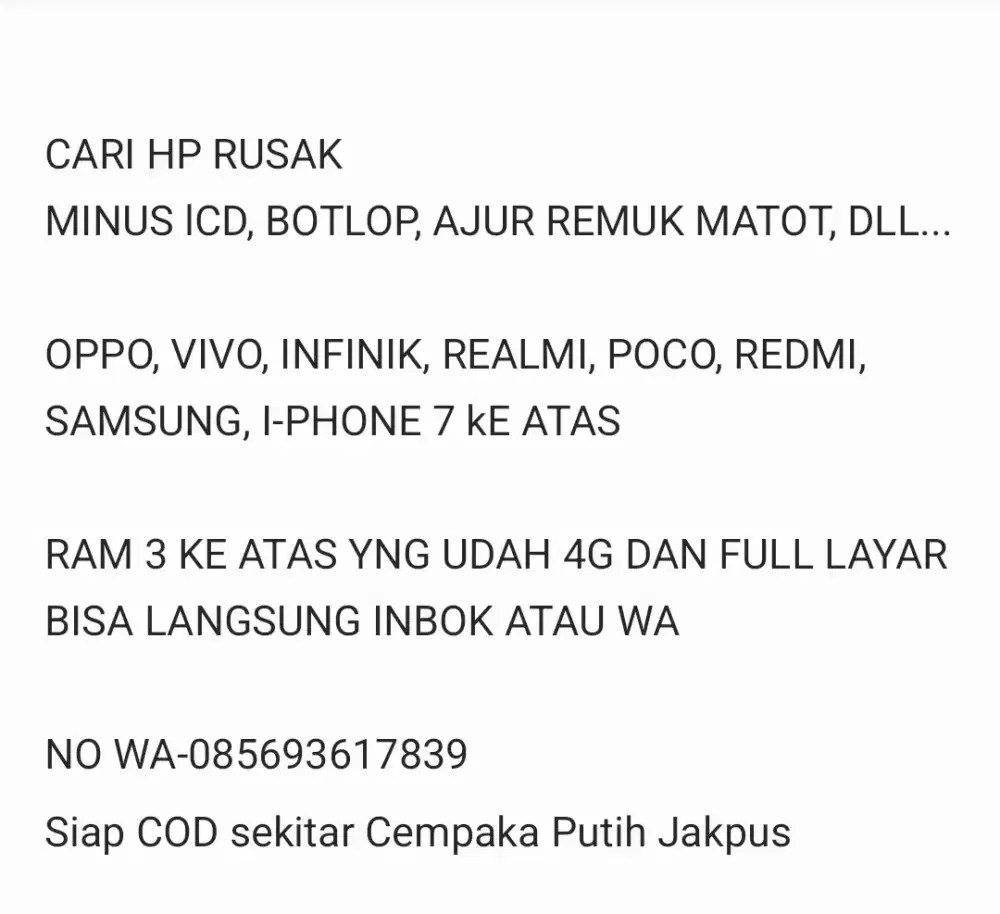 Cari Handphone Mati/Rusak/Minusan