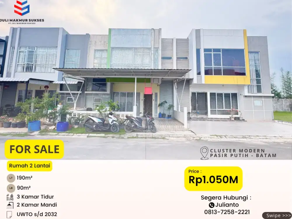 Dijual CEPAT Rumah 2 Lantai di Cluster Modern Pasir Putih Batam Center