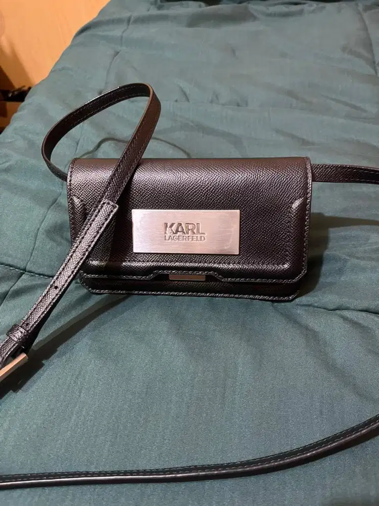 Karl Lagerfeld Saffiano Metal Logo Flap Crossbody Bag - Black