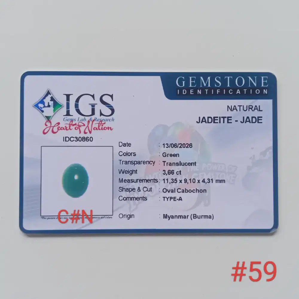 Batu natural jedeite jade type A Burma, gem id card IGS