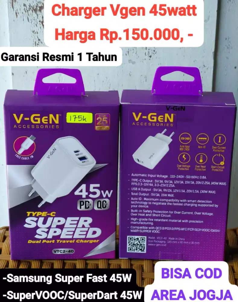 Charger Vgen 45W For Samsung Note 10/20 dan Z Flip/Fold ( SUPER FAST )