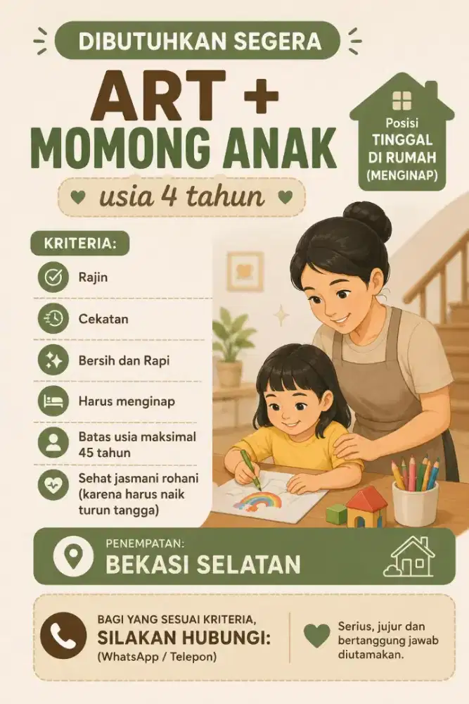 Dicari Asisten Rumah Tangga /ART (Tinggal di Rumah/ Menginap)