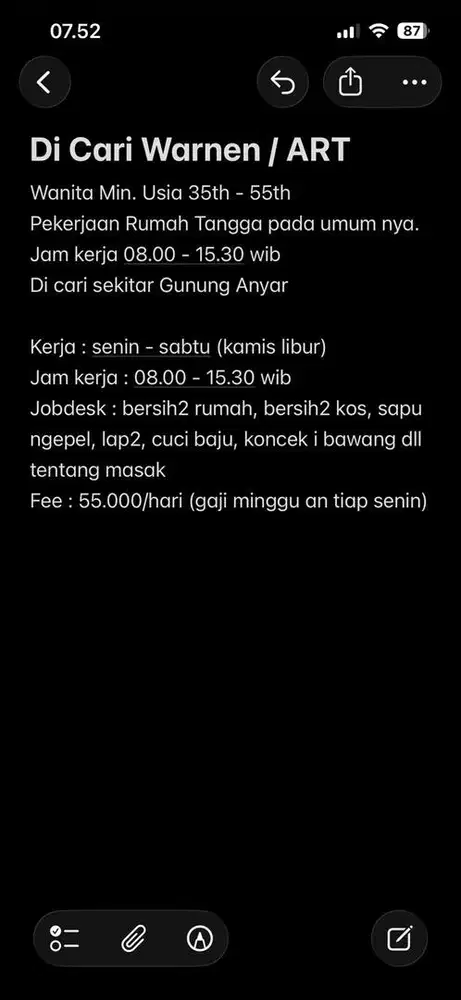 Lowongan Kerja Warnen / Serabutan / ART