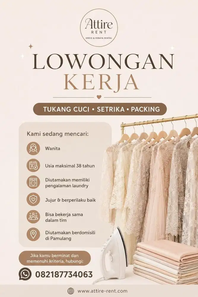 Lowongan kerja Tukang Cuci, packing dan laundry baju pesta packing