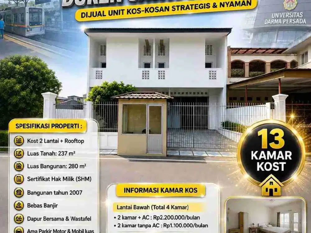 DIJUAL KOS AKTIF DI DUREN SAWIT – JAKARTA TIMUR

Peluang investasi properti yang sudah menghasilkan! Kos aktif dengan tingkat hunian penuh, berlokasi strategis di Duren Sawit, Jakarta Timur