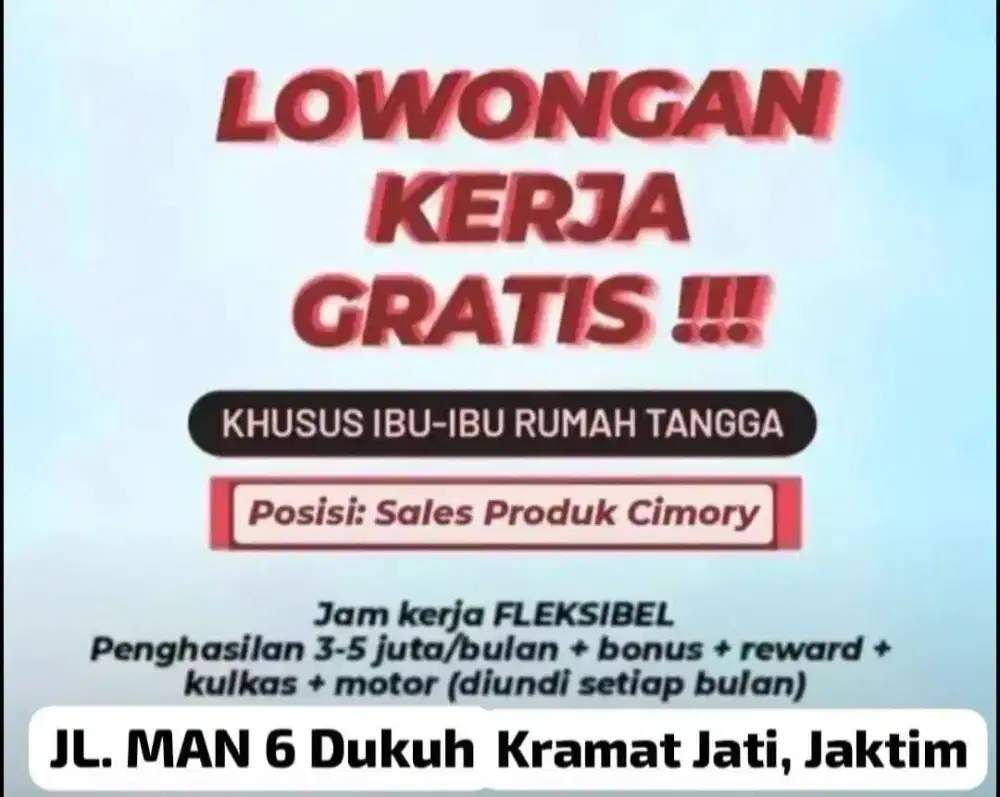 LOWONGAN PEKERJAAN IBU IBU RUMAH TANGGA (Miss Cimory Pasar Rebo)
