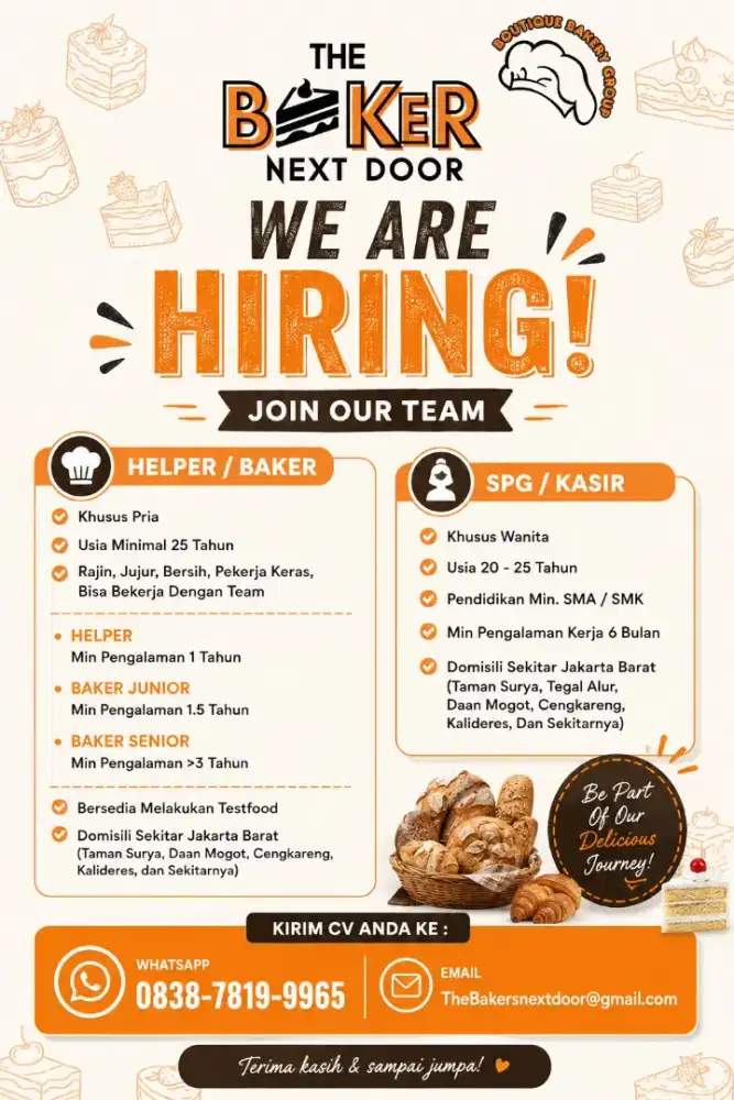 Dibutuhkan Helper/Baker & SPG/Kasir