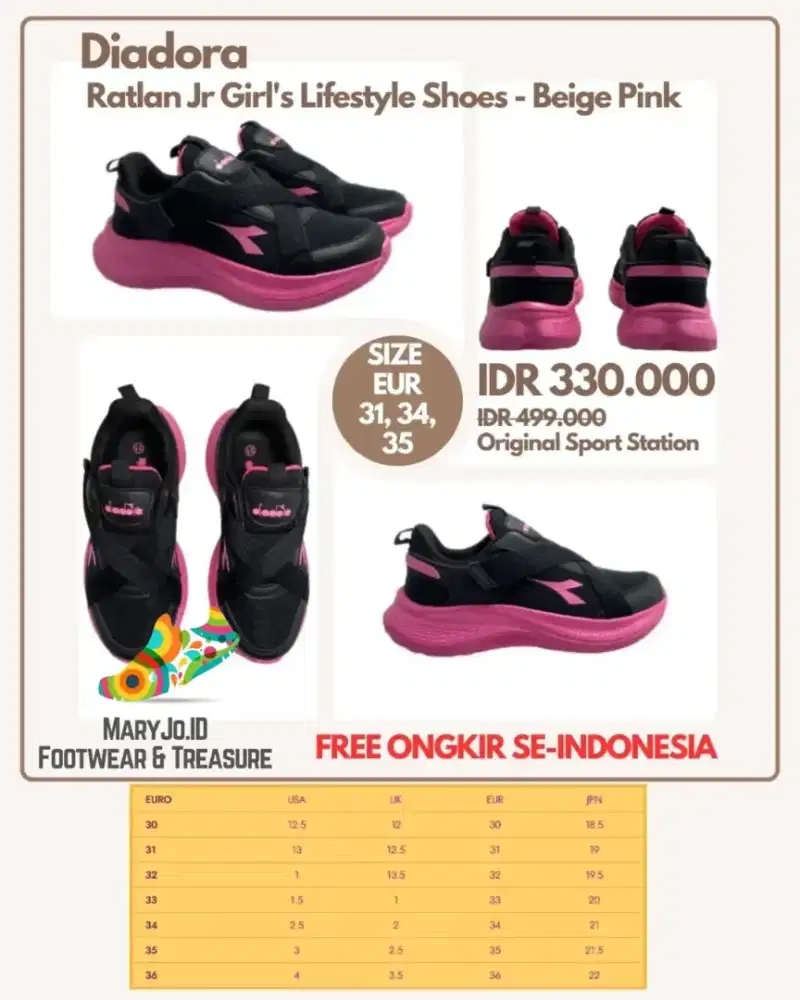 Diadora Rainer Jr Girl's Sneakers Shoes - Black Pink: Size 31, 33, 35