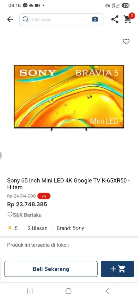 Sony 65 inch mini led 4k google tv k65xr50