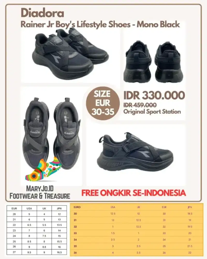 Diadora Rainer Jr Boy's Sneakers Shoes - Mono Black : Size 30-35