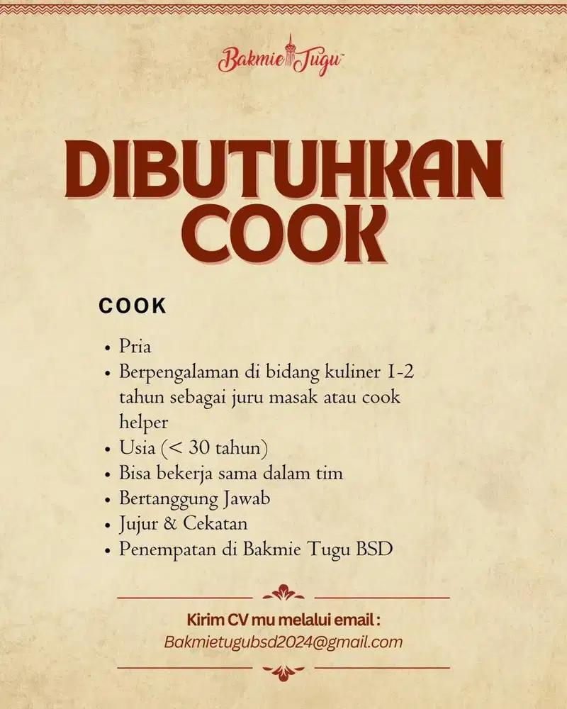 LOWONGAN KERJA BSD JURU MASAK (COOK)