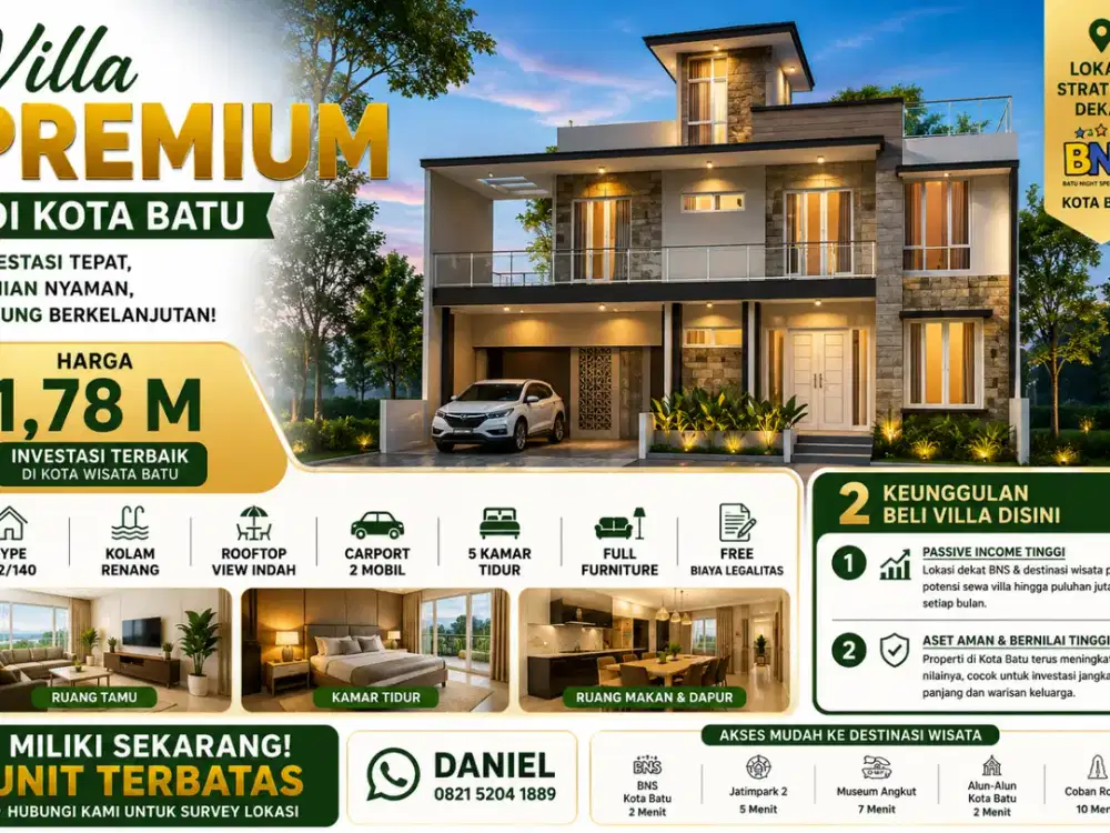 Villa 2 Lantai Rooftop Kolam Renang Dekat BNS & Jatim Park 2 Harga 1,75 M