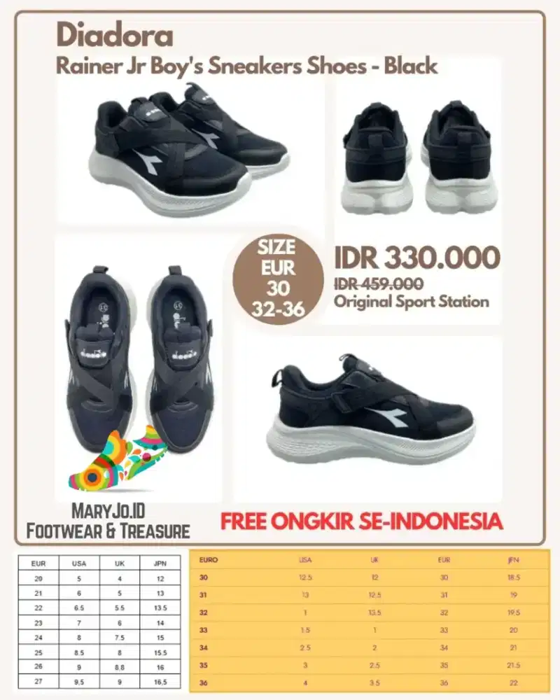 Diadora Rainer Jr Boy's Sneakers Shoes - Black : Size 30, 32-36