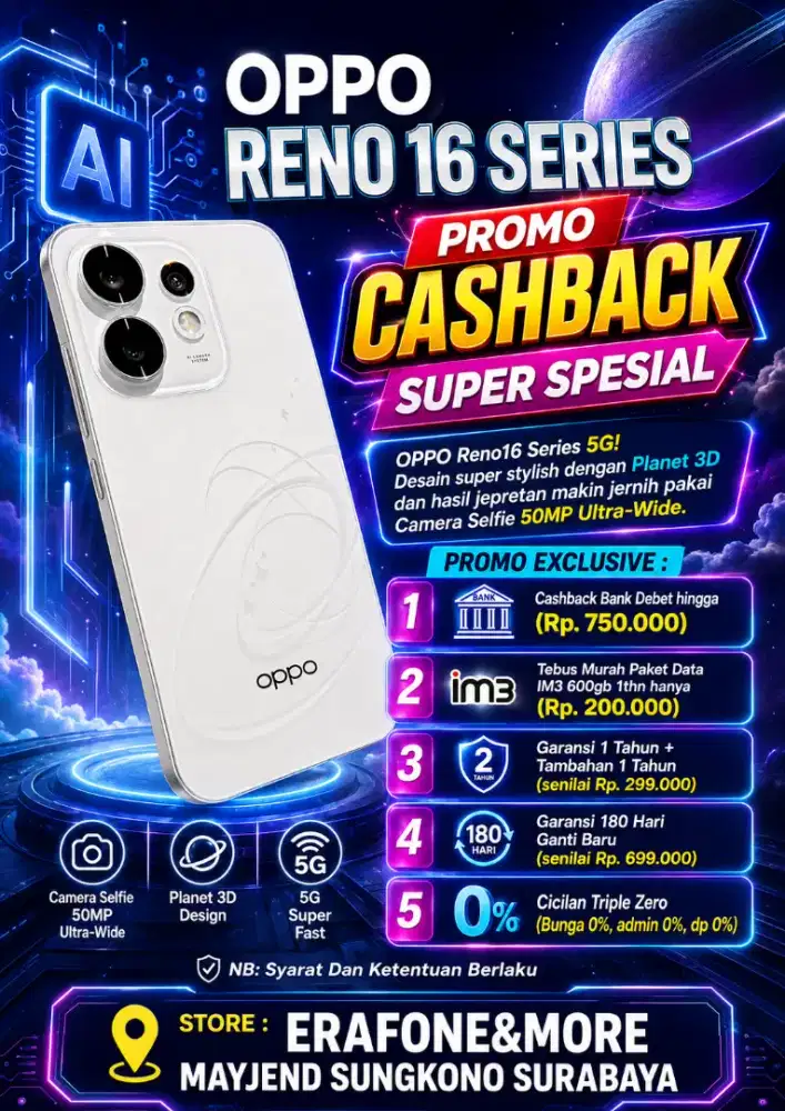 Oppo RENO 16F 5g CASHBACK BANK hingga 1,6jt