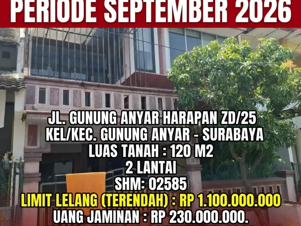 GUNUNG ANYAR - LUAS 120 M2!! DIJUAL RUMAH 2 LANTAI VIA LELANG DI JL. GUNUNG ANYAR HARAPAN SURABAYA