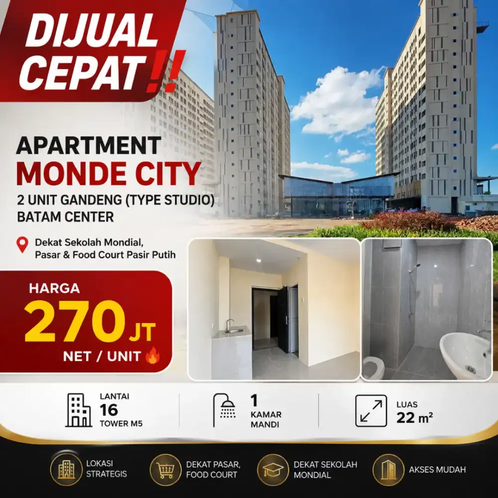 DIJUAL CEPAT
Apartment MONDE CITY 2 Unit Gandeng