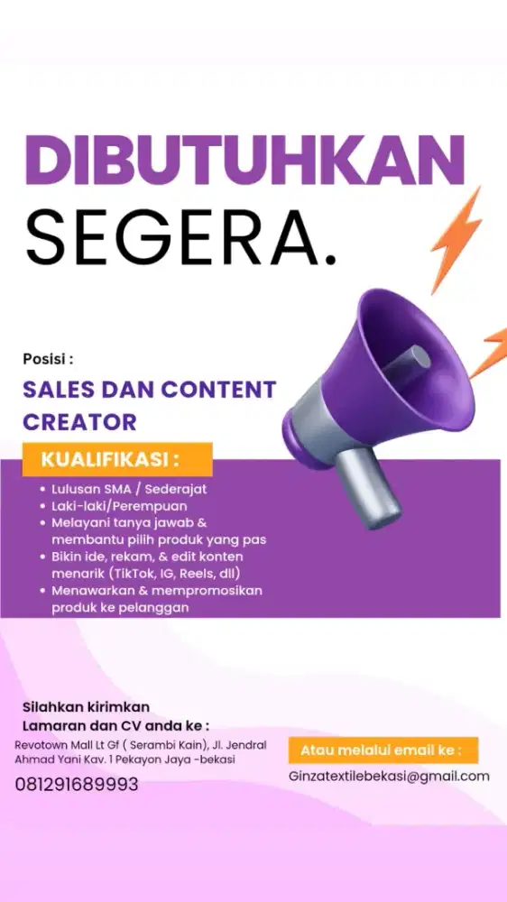 Di cari yg bisa jadi content creator + sales