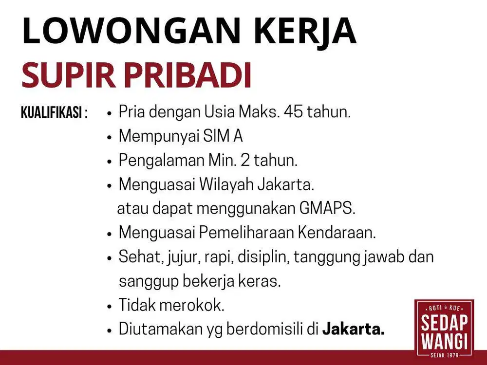 CARI SUPIR PRIBADI untuk di JAKARTA TIMUR
