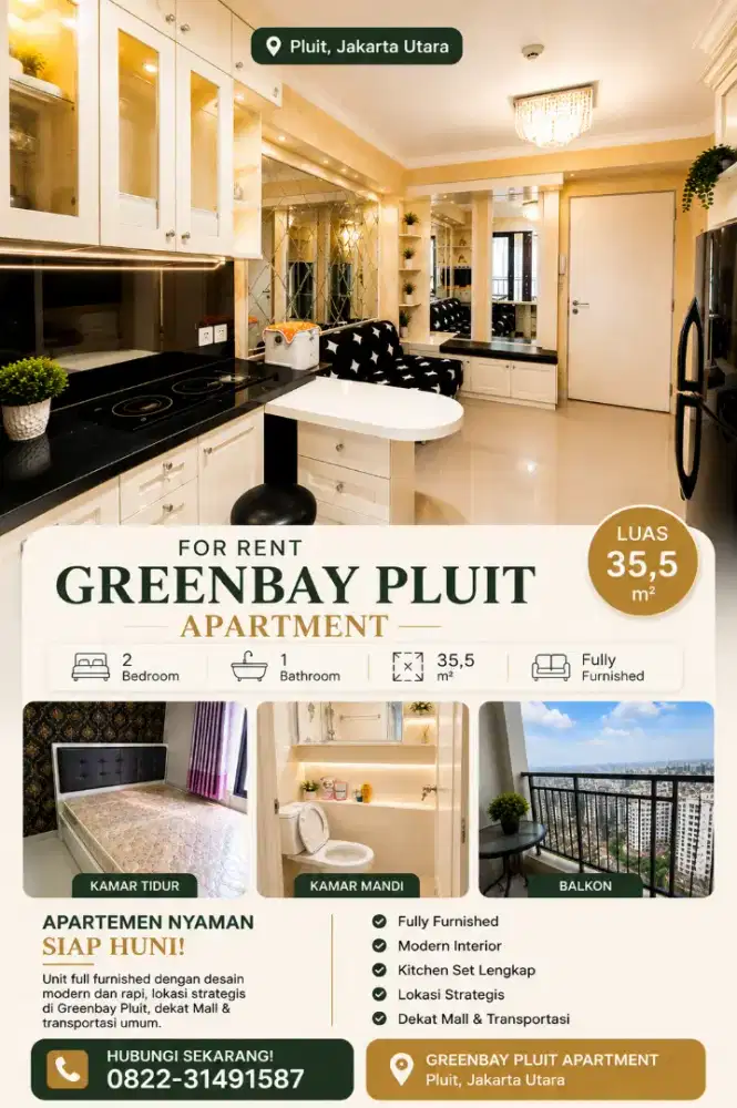 Disewakan apartemen 2BR Greenbay Pluit. Nyaman,Bersih, Fully furnished