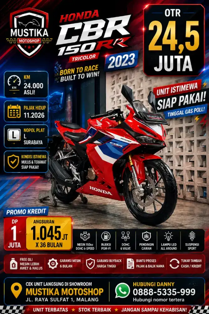 Honda CBR 150R 2023 Tricolor. Km 18rb. DANNY Mustika Sulfat Malang